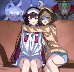  2girls :o alternate_costume animal_ears black_hair black_hat blue_eyes blue_shorts bow_hairband bright_pupils brown_cardigan brown_hair brown_hairband brown_ribbon buttons cardigan collarbone colored_inner_hair columbina_(genshin_impact) commentary_request couch creature crescent eye_mask feet_out_of_frame genshin_impact gradient_hair hair_bun hair_ornament hairband hand_on_another's_arm hand_on_another's_shoulder hands_up hat hood hoodie indoors kritxeno kuuhenki_(genshin_impact) long_hair long_sleeves looking_at_viewer mask mask_on_head multicolored_hair multiple_girls on_couch open_cardigan open_clothes open_mouth pink_hair pom_pom_(clothes) pom_pom_hair_ornament puffy_long_sleeves puffy_sleeves pulonia_(genshin_impact) ribbon robot sandrone_(genshin_impact) shaded_face shadow shirt short_hair_with_long_locks shorts sidelocks sitting star_(symbol) t-shirt tearing_up tongue two-tone_hair v-shaped_eyebrows very_long_hair violet_eyes wavy_hair white_hoodie white_mask white_pupils white_shirt x_hair_ornament 
