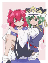  2girls black_shoes black_skirt blue_hat blue_vest blush carrying carrying_person closed_mouth commentary_request embarrassed epaulettes frilled_hat frills green_eyes green_hair hair_bobbles hair_ornament hat long_sleeves multiple_girls onozuka_komachi princess_carry red_eyes red_hair shiki_eiki shio_(futatsumami) shirt shoes skirt sleeve_bow smile socks touhou two_side_up vest white_shirt white_socks yuri 