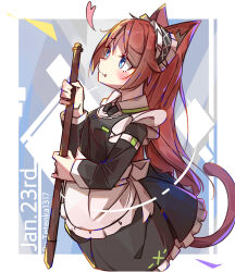  1girl :3 animal_ear_fluff animal_ears apron black_dress black_hairband blue_eyes blush border bright_pupils broom brown_hair cat_ears cat_girl cat_tail closed_mouth commentary_request dress fang fang_out frilled_apron frilled_dress frilled_hairband frills from_side hairband highres holding holding_broom long_hair long_sleeves original outside_border solo tail tetenka waist_apron white_apron white_border white_pupils 