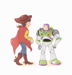  2boys animification belt brown_hair buzz_lightyear cowboy_hat hat highres hug long_sleeves male_focus multiple_boys nhbzzdy open_mouth pants sheriff_woody shirt short_hair simple_background smile spacesuit toy_story white_background 