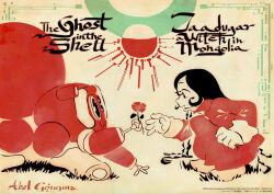  1girl abel_gongora artist_name commentary company_connection copyright_name copyright_notice crossover dress english_commentary english_text flower from_side fuchikoma full_body ghost_in_the_shell highres iranian_clothes limited_palette long_hair mecha multi-source_commentary non-humanoid_robot red_dress robot season_connection sitara spider_tank squatting tenmaku_no_jaadugar the_ghost_in_the_shell_(2026) walker_(robot) 