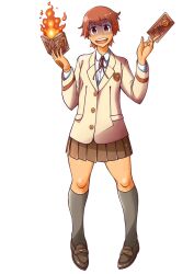  1girl blazer bombom book brown_eyes brown_hair brown_skirt card fire fire_mage_(housamo) grey_socks holding holding_book holding_card jacket official_art open_mouth pleated_skirt school_uniform shaded_face skirt smile socks solo spell_card third-party_source tokyo_afterschool_summoners transparent_background 