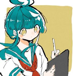  1girl ahoge ahoge_girl_(jimini_shijimi) aqua_hair aqua_sailor_collar aqua_serafuku blunt_bangs border clipboard closed_mouth commentary_request dot_nose highres holding holding_clipboard holding_pen jimini_shijimi low_twintails neckerchief no_pupils original outside_border pen red_neckerchief sailor_collar school_uniform serafuku short_eyebrows short_sleeves short_twintails sidelocks solo twintails white_border writing yellow_background yellow_eyes 