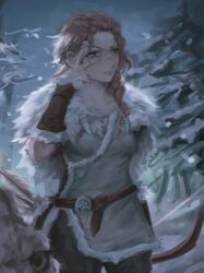  1girl belt black_pants bow_(weapon) brown_gloves commentary forest gloves green_eyes h'aanit_(octopath_traveler) highres holding holding_bow_(weapon) holding_weapon linde_(octopath_traveler) looking_ahead nature night octopath_traveler octopath_traveler_i outdoors pants parted_lips pink_hair snow snow_leopard standing stratecheez weapon winter 