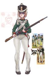  1girl bad_source black_boots boots breast_strap breasts buttons clothing_request collared_jacket frown green_jacket gun hat highres holding holding_weapon jacket long_sleeves looking_at_viewer medium_breasts medium_hair musket napoleonic_wars original pantaloons pants russian_empire saber_(sword) serious shako_cap sheath sheathed solo tassel weapon white_pants zap-nik 