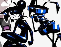  1girl armor black_armor black_bodysuit black_hair blank_eyes bodysuit breasts clenched_hands edith_(teknodice) glint hair_bun humanoid_robot latex latex_bodysuit oekaki original pentel_(teknodice) robot short_hair small_breasts solid_eyes spandex teknodice white_background 