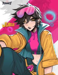  1girl absurdres baggy_pants belt black_hair blue_pants candy coat commentary crop_top earrings english_text eyelashes eyewear_on_head food gloves highres jacket jewelry jubilee knee_up logo lollipop marvel marvel_rivals messy_hair mikuneki navel pants pink-tinted_eyewear pink_background polka_dot polka_dot_background shirt short_hair short_sleeves shorts sitting smile solo spiky_hair sunglasses superhero_costume tinted_eyewear white_background x-men yellow_belt yellow_coat yellow_gloves yellow_jacket 