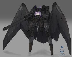  1girl absurdres artist_name commentary_request full_body goggles goggles_on_head gradient_background grey_background head-mounted_display highres joints looking_at_viewer mecha_musume mechanical_wings missile_pod original pink_eyes purple_hair robot_joints rocket_launcher science_fiction solo soruto_0w98e standing weapon wings 