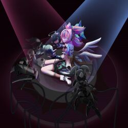  absurdres aqua_streaks aria_(human)_(zenless_zone_zero) aria_(robot)_(zenless_zone_zero) aria_(zenless_zone_zero) blue_eyes bow closed_mouth commentary_request dress from_above full_body green_hair hand_puppet highres humanoid_robot joints logs_77ir looking_at_viewer multicolored_hair multiple_girls nangong_yu pink_hair puppet robot robot_girl robot_joints serious sitting streaked_hair sunna_(zenless_zone_zero) white_dress white_wings wings zenless_zone_zero 