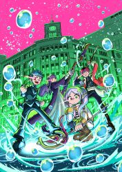  2boys 2girls absurdres axe battle_axe black_hair black_pants black_shirt blue_hair boots bubble building capelet chrono_(fate_rewinder) clock coat dress earrings elf fate_rewinder fern_(sousou_no_frieren) frieren ginza_(tokyo) ginza_wako glowing green_eyes heterochromia highres holding holding_staff jacket jewelry kimura_fuuta_(uldorafu) long_hair mage_staff multicolored_hair multiple_boys multiple_girls outdoors pants pantyhose pointy_ears purple_hair red_eyes red_hair shirt short_hair sky smile sousou_no_frieren staff stark_(sousou_no_frieren) suit twintails violet_eyes water weapon white_capelet white_dress white_hair 