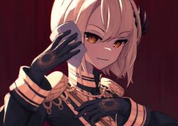  1girl aiguillette black_coat black_gloves blonde_hair coat commentary_request curtained_hair diamond_hair_ornament epaulettes gloves hair_ornament hasumi_leia high_collar highres holding long_sleeves looking_at_viewer mahou_shoujo_no_majo_saiban portrait red_background sash short_hair shoulder_sash simple_background smile solo wgz5432 yellow_eyes 