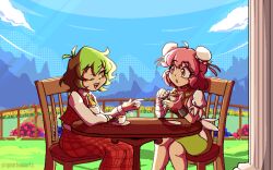  bandaged_arm bandages blue_sky blush breasts chair checkered_clothes checkered_skirt checkered_vest collared_shirt commentary cuffs cup double_bun english_commentary flower grass green_hair green_skirt hair_bun holding holding_cup ibaraki_kasen kazami_yuuka long_skirt long_sleeves looking_ahead looking_at_another medium_breasts miniskirt necktie one_eye_closed open_mouth photoshop_(medium) pillar pink_hair pointing pointing_at_another puffy_short_sleeves puffy_sleeves quarium red_eyes shirt short_sleeves sitting skirt sky smile sunflower table touhou vest yellow_necktie 