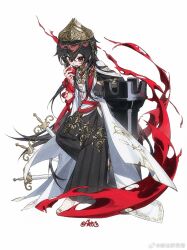  1boy apple arm_rest arm_ribbon arm_tattoo ayn_alwyn ayn_alwyn_(god_forsaken_land) black_gloves black_hair black_pants chess_piece crown deformed eating feather_trim fire food fruit full_body gem glint gloves gold_collar gold_sandals hair_between_eyes head_chain highres holding holding_food holding_fruit jewelry ling_ye_shufulei long_hair long_sleeves looking_at_viewer lovebrush_chronicles male_focus multiple_swords open_clothes open_mouth open_robe oversized_object pants pleated_pants red_eyes red_gem red_ribbon red_sash ribbon robe rook_(chess) sandals sash shoulder_sash simple_background single_glove solo standing standing_on_one_leg sword tattoo toe_ring very_long_hair waist_sash watermark weapon weibo_watermark white_background white_robe 