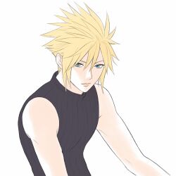  1boy bare_shoulders blonde_hair blue_eyes blue_sweater closed_mouth cloud_strife commentary final_fantasy final_fantasy_vii hair_between_eyes highres leahdeart looking_at_viewer male_focus ribbed_sweater short_hair sleeveless sleeveless_turtleneck solo spiky_hair sweater turtleneck turtleneck_sweater upper_body white_background 