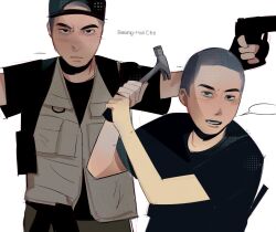 >:( 1boy aiming ammunition_pouch animification backpack backwards_hat bag baseball_cap belt black_bag black_eyes black_hair black_hat black_shirt brown_eyes buzz_cut crew_neck east_asian english_text furrowed_brow glock goodfolk2 gun hammer handgun hands_up hat highres holding holding_gun holding_hammer holding_weapon load-bearing_vest looking_at_viewer lower_teeth_only male_focus nose_shade open_mouth outstretched_arms pocket pouch real_life seung-hui_cho shirt short_hair speech_bubble spread_arms strap swinging_weapon t-shirt teeth true_crime utility_vest v-shaped_eyebrows very_short_hair vest weapon white_background 