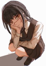  1girl absurdres black_hair chainsaw_man collared_shirt commentary cross_scar dress fishnamedren fourth_east_high_school_uniform highres long_hair looking_at_viewer pinafore_dress ringed_eyes scar scar_on_cheek scar_on_face scar_on_nose school_uniform shirt sleeveless sleeveless_dress solo squatting white_shirt yoru_(chainsaw_man) 