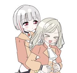  >_< 2girls 6th_live_dream_~bloom_garden_party~ :d ascot black_choker bloom_the_smile_bloom_the_dream! blush ceras_yanagida_lilienfeld choker commentary dress grey_hair hands_on_another's_stomach highres jacket layered_sleeves long_sleeves looking_at_another love_live! love_live!_hasu_no_sora_jogakuin_school_idol_club magu_(cv_mgmgcup) multicolored_hair multiple_girls neckerchief open_clothes open_jacket open_mouth orange_dress orange_jacket red_eyes red_streaks short-sleeved_jacket short_over_long_sleeves short_sleeves smile streaked_hair untranslatable_commentary virtual_youtuber white_ascot white_hair white_neckerchief xd yugiri_tsuzuri 