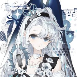  1girl bird black_hairband blue_eyes bow bowtie character_request commentary commission copyright_request crown dress earrings fengguai flower hairband highres jewelry microphone mini_crown musical_note off-shoulder_dress off_shoulder paper parted_bangs parted_lips sash solo upper_body white_background white_hair 
