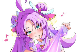  1girl ahoge akechi_anna aqua_eyes bare_shoulders blush bow bowtie brooch closed_mouth commentary_request cure_answer curtained_hair daifuku_momiji dot_nose double_bun eighth_note fingerless_gloves forehead gem_hair_ornament gloves hair_bun hair_intakes hair_ornament head_tilt heart heart_brooch huge_ahoge jewelry leash leash_pull long_hair magical_girl meitantei_precure! musical_note partial_commentary portrait pov precure purple_bow purple_bowtie purple_hair side_up_bun simple_background smile solo twintails viewer_on_leash white_background white_gloves wing_hair_ornament wrist_bow 