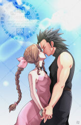  1boy 1girl aerith_gainsborough artist_name bare_arms bare_shoulders black_choker black_hair blue_sky blush bracelet braid braided_ponytail breasts brown_hair choker closed_eyes clouds cloudy_sky commentary_request couple cowboy_shot crisis_core:_final_fantasy_vii dress earrings face-to-face facing_another final_fantasy final_fantasy_vii from_side hair_ribbon height_difference hetero highres holding_hands imminent_kiss interlocked_fingers jewelry long_hair outdoors parted_bangs pink_dress pink_ribbon ponytail profile ribbon scar scar_on_cheek scar_on_face shikiwo signature sky sleeveless sleeveless_turtleneck small_breasts spiky_hair stud_earrings sweater turtleneck turtleneck_sweater watermark zack_fair 