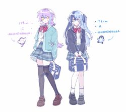  2girls aoyagi_touya aqua_cardigan aqua_streaks arms_behind_back bag bag_charm bird black_jacket black_shoes black_thighhighs blazer blue_bag blue_hair blue_ribbon blue_skirt blush bow bowtie brown_shoes cardigan charm_(object) chinese_text closed_mouth commentary cup_size diagonal-striped_bow diagonal-striped_bowtie diagonal-striped_clothes full_body fully_genderswapped_group genderswap genderswap_(mtf) grey_eyes hair_between_eyes hair_ribbon hand_on_own_arm height highres holding holding_bag jacket kamishiro_rui kamiyama_high_school_uniform_(project_sekai) layered_sleeves long_hair long_sleeves looking_at_viewer manta_ray multicolored_hair multiple_girls open_cardigan open_clothes open_jacket penguin plaid_clothes plaid_skirt project_sekai purple_hair red_bow red_bowtie ribbon school_bag school_uniform shirt_partially_tucked_in shoes shorter_than_canon simple_background skirt smile socks split-color_hair standing streaked_hair striped_bow striped_bowtie striped_clothes thigh-highs translation_request two_side_up untranslatable_commentary white_045 white_background white_socks yellow_eyes 