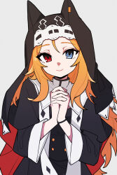  1girl animal_hood archetto_(arknights) archetto_(glory_of_the_devout)_(arknights) arknights black_dress blonde_hair blue_eyes bracelet chinese_commentary commentary_request dress grey_background heterochromia highres hood jewelry long_hair looking_at_viewer minamit nun official_alternate_costume own_hands_clasped own_hands_together red_eyes simple_background smile solo straight-on upper_body 