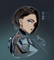  1girl armor asymmetrical_hair blue_eyes brown_hair commentary discord_username english_commentary from_side halo_(series) instagram_username jill_valentine open_mouth parody pen-pen_arts pixiv_username portrait resident_evil short_hair solo twitter_username 