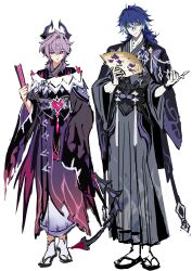  2boys absurdres adapted_costume aiguillette antenna_hair black_haori black_kimono blue_hair bright_pupils closed_mouth commentary_request crossed_bangs dragon_boy dragon_horns dragon_tail dragon_wings durin_(genshin_impact) empty_eyes flins_(genshin_impact) flip-flops floral_print full_body genshin_impact gradient_hair grey_kimono grey_sash hair_between_eyes hand_fan hand_up hands_up haori highres holding holding_fan horns japanese_clothes kimono korean_commentary long_hair long_sleeves looking_at_viewer male_focus multicolored_hair multiple_boys novia_(ze_novia) open_clothes open_mouth pale_skin pink_eyes purple_hair purple_haori purple_kimono sandals sash short_hair sidelocks simple_background smile socks standing tail tassel two-tone_hair two-tone_kimono wavy_hair white_background white_hair white_pupils white_socks wide_sleeves wings wristband yellow_eyes 