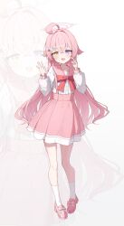  1girl \||/ absurdres ahoge alternate_costume blue_archive blue_eyes blush bow bowtie commentary dlrkdals070707 fang finger_to_face full_body hair_between_eyes hair_intakes hair_ornament halo heterochromia highres hoshino_(blue_archive) long_hair long_sleeves looking_at_viewer open_mouth pink_hair pink_halo pink_sailor_collar pink_skirt rabbit_hair_ornament red_bow red_bowtie sailor_collar shirt skin_fang skirt solo suspender_skirt suspenders untranslatable_commentary white_shirt yellow_eyes zoom_layer 