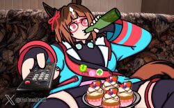  1girl animal_ears black_gloves black_shirt black_shorts black_thighhighs blue_jacket blunt_bangs brown_hair controller couch cowboy_shot cupcake drinking ear_ribbon fingerless_gloves food glasses gloves highres holding holding_controller holding_remote_control horse_ears horse_girl jacket long_sleeves looking_at_viewer man_watching_tv_(meme) meme multicolored_hair on_couch open_clothes open_jacket photo_background pokasbun red-framed_eyewear red_eyes red_ribbon remote_control ribbon roots_(hair) shirt short_hair shorts solo thigh-highs transcend_(umamusume) transcend_(zoku-zoku_gizmo)_(umamusume) umamusume 