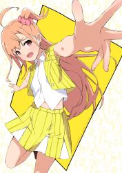  1girl :d ahoge ajapar artist_name collared_shirt commentary_request crop_top cropped_shirt foreshortening hair_ornament hair_scrunchie highres ikizulive!_love_live!_bluebird jacket leg_up long_hair looking_at_viewer love_live! midriff miniskirt one_side_up open_clothes open_hands open_jacket open_mouth orange_eyes orange_hair outstretched_arms pink_scrunchie pinstripe_jacket pinstripe_pattern pinstripe_skirt pleated_skirt scrunchie shirt short-sleeved_jacket short_sleeves skirt smile solo takahashi_polka twitter_username very_long_hair what_is_my_life?_(love_live!) yellow_background yellow_jacket 