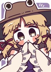  1girl blonde_hair brown_hat commentary_request hat highres long_hair long_sleeves looking_at_viewer medium_hair moriya_suwako purple_background purple_vest shigure._(tennensui) touhou vest wide_brim wide_sleeves yellow_eyes 