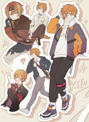  1boy an9zhuo animal_ears bag black_jacket blonde_hair brown_bag cargo_pants character_name choker collared_shirt colorful_festival_(project_sekai) commentary diagonal-striped_clothes diagonal-striped_necktie dog_boy dog_ears dog_tail drawstring fingernails gloves green_eyes grey_pants hair_between_eyes hand_up headband highres hood hood_down hoodie indian_style jacket jacket_over_hoodie jewelry kamiyama_high_school_uniform_(project_sekai) long_sleeves looking_at_viewer magic_academy_of_sekai_(project_sekai) male_focus multicolored_hair multicolored_necktie multiple_views necktie official_alternate_costume official_alternate_hairstyle one_eye_closed open_clothes open_jacket open_mouth orange_hair outline pants parted_lips project_sekai ring rise_as_one!_(project_sekai) school_uniform shinonome_akito shirt shoes short_hair sitting smile streaked_hair striped_clothes striped_necktie tail two-tone_hair white_hoodie white_shirt wing_collar 