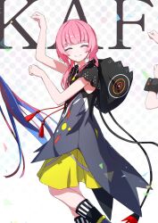  3girls black_coat black_hood black_socks black_wrist_cuffs blue_hair blush character_name closed_eyes closed_mouth coat commentary_request cosmos_(cos_mos_f) dress facing_viewer green_dress grey_coat grey_shoes harusaruhi hood hooded_coat isekaijoucho kaf_(kamitsubaki_studio) kamitsubaki_studio long_hair multicolored_hair multiple_girls paw_pose pink_hair red_hair shoes smile socks solo_focus thighs two-tone_hair virtual_youtuber white_background wrist_cuffs 
