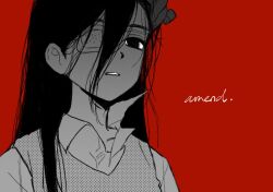  1girl bac0n_pancakes collared_shirt eyepatch greyscale_with_colored_background mari_(faraway)_(omori) mari_(omori) medical_eyepatch omori parted_lips red_background shirt simple_background solo sweater_vest 