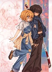  2girls black_hair black_pants black_shirt blonde_hair blue_jacket blue_overalls cheromo159 closed_mouth clothes_around_waist don_quixote_(project_moon) e.g.o_(project_moon) expressionless full_body heart highres jacket jacket_around_waist limbus_company multiple_girls overalls pants project_moon red_eyes renketsuen_(e.g.o) ryoshu_(project_moon) shirt short_hair short_sleeves streetwear white_shirt yellow_eyes yuri 