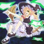  blonde_hair bloomers braid broom broom_riding dress hair_ribbon hat kirisame_marisa long_hair mary_janes open_mouth ribbon shoes soapwort socks solo star touhou wink witch_hat yellow_eyes 