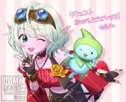  1girl :d ;d aqua_eyes blue_gem blue_skin bob_cut breasts brown_gloves brown_skirt brown_vest cloak colored_skin commentary_request commission dragon_quest dragon_quest_x elf_(dq10) fairy_wings fingerless_gloves flower gem gloves goggles goggles_on_head green_cloak highres kyururu_(dq10) looking_to_the_side momo_nei navel off-shoulder_shirt off_shoulder one_eye_closed open_mouth pink_background pink_skin pointy_ears red_nails red_shirt rose sample_watermark shirt short_hair side_slit skirt small_breasts smile striped_background teeth translation_request upper_body upper_teeth_only v vertical-striped_background vest watermark white_hair wings yellow_flower yellow_rose 