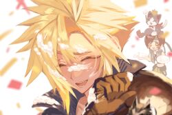  1boy 1girl animal_on_head ao_ringo_(yakirinngo_ha) armor birthday_cake black_gloves black_vest boots brown_boots brown_hair cait_sith_(ff7) cake cape cat cat_on_head cheering closed_eyes cloud_strife commentary_request confetti crop_top crown fenrir_(ff7) final_fantasy final_fantasy_vii final_fantasy_vii:_advent_children food food_on_face gloves grey_vest hair_between_eyes headband highres laughing midriff mini_crown on_head open_mouth parted_bangs pauldrons print_shirt red_cape ribbed_vest shirt short_hair shoulder_armor single_pauldron smile sparkling_eyes spiky_hair vest white_background white_gloves yuffie_kisaragi 