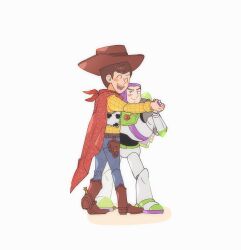  2boys animification belt brown_hair buzz_lightyear cowboy_hat hat highres hug long_sleeves male_focus multiple_boys nhbzzdy open_mouth pants sheriff_woody shirt short_hair simple_background smile spacesuit toy_story white_background 