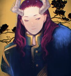 1boy blue_eyes closed_mouth coat commentary demon_boy demon_horns hei-b highres horns long_hair macht_(sousou_no_frieren) pink_hair pointy_ears solo sousou_no_frieren untranslatable_commentary upper_body yellow_background 