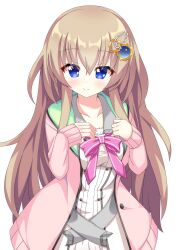  1girl 9-nine- belt blue_eyes blush bow breast_suppress breasts brown_hair buttons cardigan chest_bow clenched_hand closed_mouth cowboy_shot double-breasted dress eyes_visible_through_hair gear_hair_ornament grey_belt hair_between_eyes hair_ornament hands_up highres kujou_miyako large_breasts long_hair looking_at_viewer open_cardigan open_clothes pink_bow pink_cardigan sidelocks simple_background sleeves_past_wrists smile solo split_mouth star_(symbol) star_print very_long_hair white_background white_dress wing_hair_ornament wistar1as 