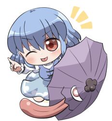  1girl :p ;p blue_skirt blue_vest blush chibi chibi_only closed_mouth commentary_request dot_nose full_body hair_between_eyes hand_up highres holding holding_umbrella index_finger_raised juliet_sleeves karakasa_obake long_sleeves looking_at_viewer notice_lines one_eye_closed puffy_sleeves purple_umbrella red_eyes rokugou_daisuke shirt simple_background skirt skirt_set smile solo tatara_kogasa tongue tongue_out touhou umbrella v-shaped_eyebrows vest white_background white_shirt 