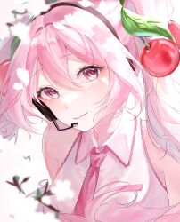  1girl 9mi_po absurdres bare_shoulders blush breasts cherry_blossoms cherry_hair_ornament closed_mouth collared_shirt commentary detached_sleeves flower food-themed_hair_ornament hair_between_eyes hair_ornament hatsune_miku highres long_hair looking_at_viewer necktie pink_eyes pink_flower pink_hair pink_necktie pink_sleeves sakura_miku shirt sleeveless sleeveless_shirt small_breasts smile solo twintails untranslatable_commentary upper_body very_long_hair vocaloid 