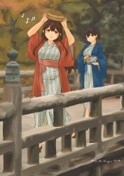  2girls absurdres akagi_(kancolle) bath_yukata beamed_eighth_notes black_hair blue_happi bridge brown_eyes eighth_note full_body geta grey_kimono happi highres japanese_clothes kantai_collection kimono long_hair multiple_girls musical_note pot-de quarter_note red_happi side_ponytail smile twitter_username washtub yukata 