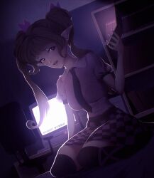  1girl absurdres black_necktie black_skirt black_thighhighs bookshelf bow brown_hair cellphone chair checkered_clothes checkered_skirt commentary_request computer dark flip_phone hair_bow highres himekaidou_hatate holding holding_phone klabisot lipstick long_hair looking_at_viewer makeup missing_headwear monitor multicolored_skirt multiple_hair_bows necktie open_mouth phone pointy_ears purple_bow purple_shirt purple_skirt shirt short_sleeves sitting skirt solo thigh-highs touhou twitter_username 