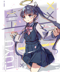  1girl black_dress blue_eyes blue_hair blunt_bangs blush border bow bowtie bright_pupils closed_mouth collared_shirt commentary_request cropped_legs dress hair_ornament halo hands_up highres long_hair long_sleeves looking_at_viewer outside_border pinafore_dress pink_bow pink_bowtie pleated_dress purple_background shirt sleeveless sleeveless_dress solo tetenka tuyu_(band) twintails white_border white_pupils white_shirt wing_hair_ornament 