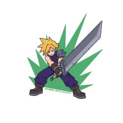  1boy armor artist_name baggy_pants belt blonde_hair blue_pants blue_shirt boots brown_belt brown_boots brown_gloves buster_sword closed_mouth cloud_strife fighting_stance final_fantasy final_fantasy_vii fingerless_gloves furrowed_brow gloves green_eyes holding holding_sword holding_weapon light_frown male_focus pants pauldrons ribbed_shirt robertbegg_art shirt short_hair shoulder_armor single_bare_shoulder single_pauldron sleeveless sleeveless_turtleneck solo suspenders sword turtleneck weapon 