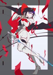  1girl black_hair black_shirt black_thighhighs boots cape closed_mouth colored_inner_hair expressionless from_side fuku_fushi_ba full_body gloves grey_hair hair_ribbon highres holding holding_sword holding_weapon jacket looking_afar multicolored_hair prosthesis prosthetic_arm red_ribbon ribbon sapphire_(princess_knight)_(the_ribbon_hero) sapphire_(the_ribbon_hero) shirt short_hair shorts solo standing standing_on_one_leg sword the_ribbon_hero thigh-highs thigh_boots violet_eyes weapon white_boots white_gloves white_jacket white_shorts zettai_ryouiki 