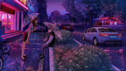  1boy 1girl absurdres black_hair black_skirt bush car chinese_commentary commentary_request cool_colors denim dusk guiyi_tonghua highres holding holding_umbrella jacket jeans leaning_forward long_hair looking_at_another motor_vehicle neon_lights night original outdoors pants planter rain road scenery shirt shoes short_hair sitting skirt sky slice_of_life story_in_commentary transparent transparent_umbrella tree umbrella urban white_shirt wide_shot 
